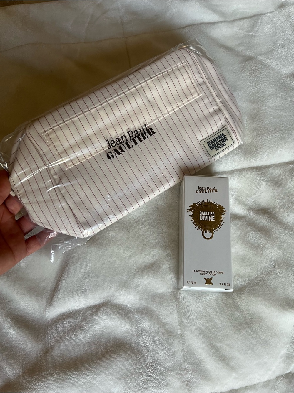 Jean Paul Gaultier Divine body lotion and Pink Striped Cosmetic Pouch with Logo